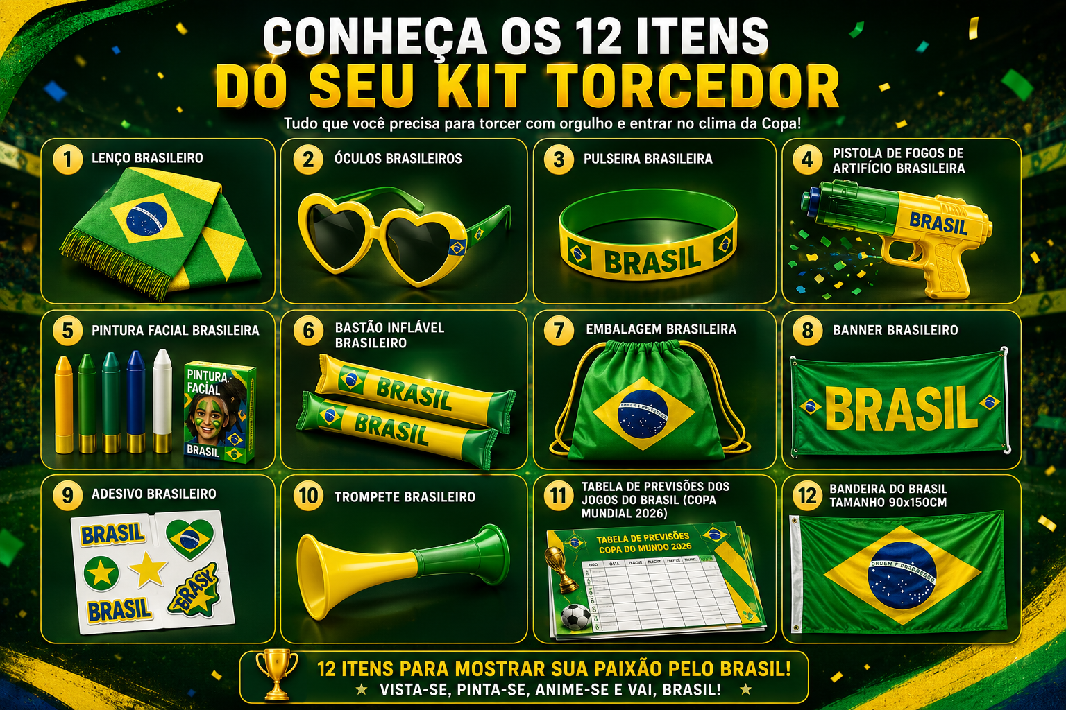Os 12 itens do kit torcedor Brasil Copa 2026